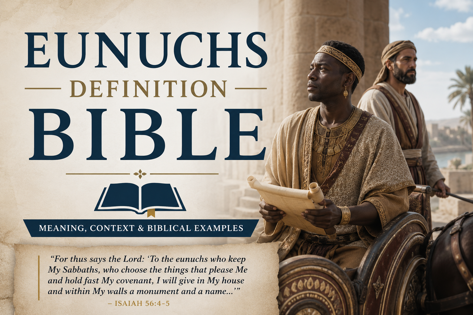 Ancient biblical scroll resting on a stone table beside a clay oil lamp, with historic temple columns and a soft golden sunrise in the background, symbolizing the biblical definition and historical context of eunuchs in Scripture.