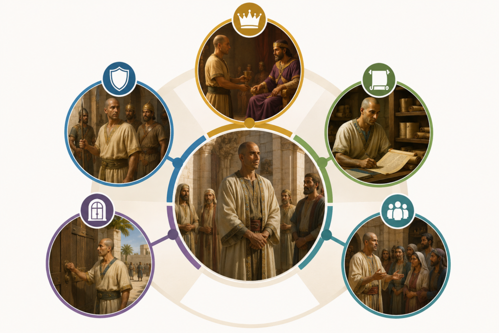 Illustration depicting the various roles of eunuchs in biblical times, showing scenes of royal service, palace administration, record keeping, guarding, and trusted leadership in an ancient Near Eastern setting, with no text or labels.
