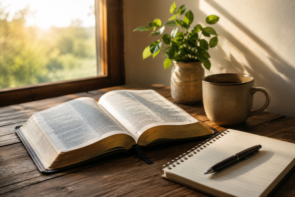 Open Bible on a rustic wooden table beside a notebook, coffee mug, and potted plant, illuminated by warm natural sunlight to create a peaceful atmosphere for quiet reflection and Bible study.