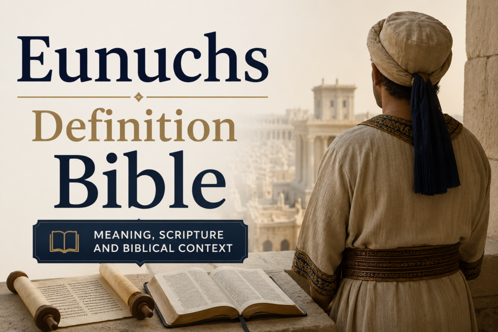 Ancient biblical scene featuring an open Bible, a scroll, and a traditionally dressed court official overlooking an ancient city, symbolizing the meaning and historical context of eunuchs in the Bible.
