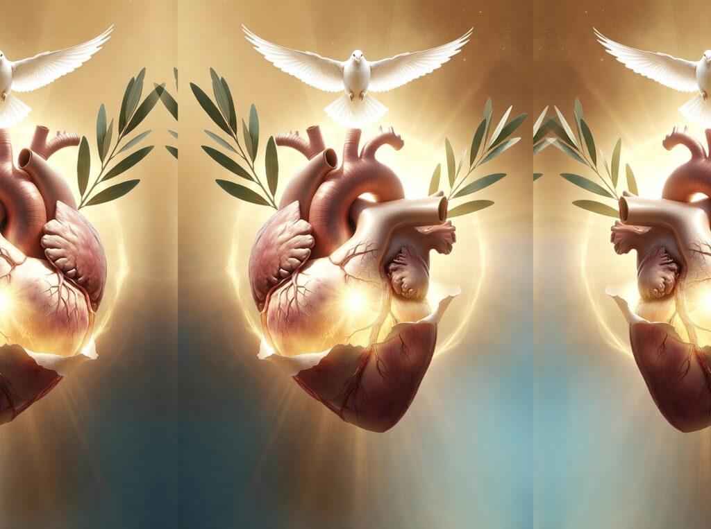 "Symbolic spiritual illustration representing the biblical meaning of circumcision of the heart: a detailed anatomical human heart glows with warm golden divine light at its core. Its outer layer is gently peeling away like a veil to reveal inner purity and radiance. A white dove hovers above with spread wings, flanked by green olive branches on both sides. The scene has a serene, ethereal golden aura with soft rays of light, evoking spiritual renewal and covenant."