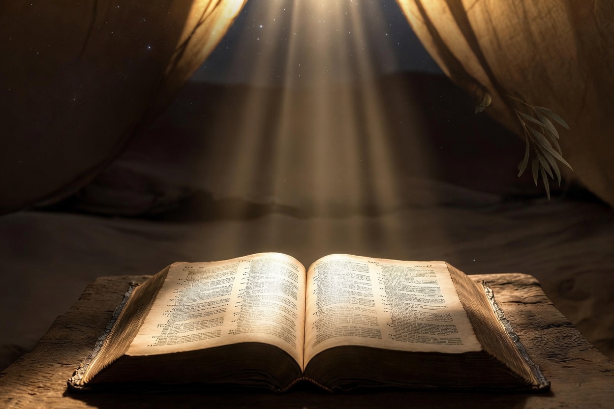 "Ancient open Bible glowing with divine golden light on a wooden table inside a desert tent, evoking the biblical covenant of circumcision with Abraham, soft starry night background and olive branch, reverent historical atmosphere."