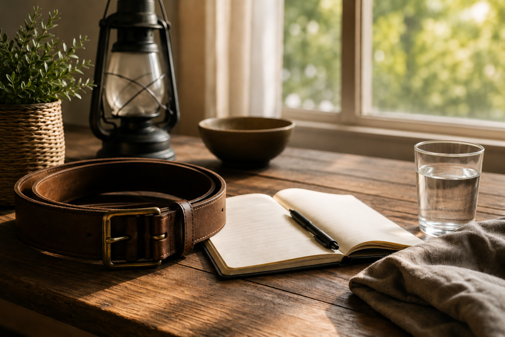 A warm, sunlit rustic wooden table beside a window, featuring a coiled leather belt, an open notebook with a pen, a vintage lantern, a small woven potted plant, a wooden bowl, a glass of water, and a folded cloth. Soft natural light creates a peaceful atmosphere, symbolizing readiness, discipline, focus, and intentional living.