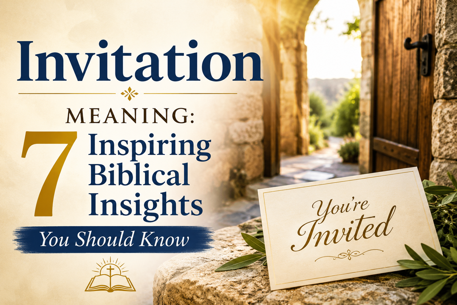 Invitation Meaning – Open Bible with a glowing invitation card symbolizing faith, hope, and God's spiritual calling, surrounded by warm light and inspiring biblical imagery.