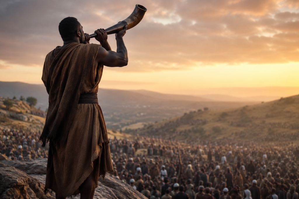 Realistic historical-style scene of a person standing on a hilltop at sunrise, passionately calling out to a distant crowd gathered across a vast landscape, symbolizing a powerful clarion call to action, leadership, and inspiration. Warm golden light, natural expressions, and highly detailed realistic people create a dramatic and motivational atmosphere.