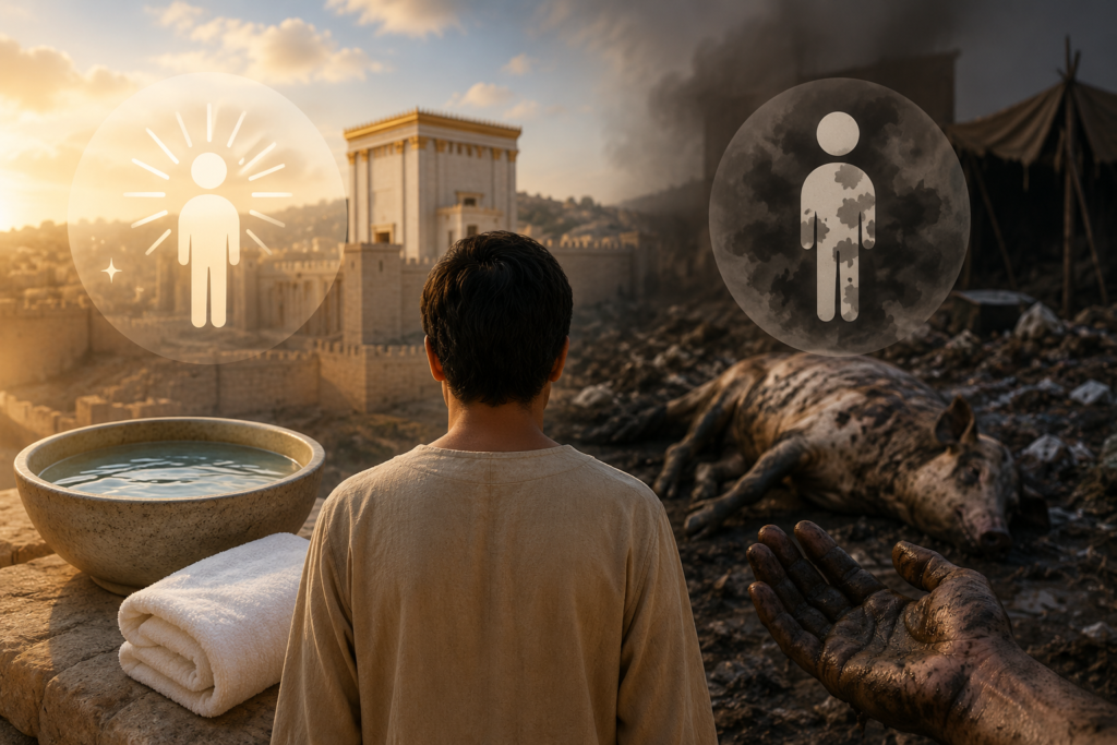 A symbolic biblical-themed illustration shows a person standing between two contrasting worlds. On the left, a bright, clean scene features a temple bathed in golden light, a basin of water, and folded white cloths representing purity and holiness. On the right, a dark, polluted landscape contains smoke, debris, and a muddy hand, symbolizing impurity and spiritual corruption. The figure faces forward toward both paths, emphasizing the contrast between cleanliness and defilement in a biblical context. No text is present in the image.