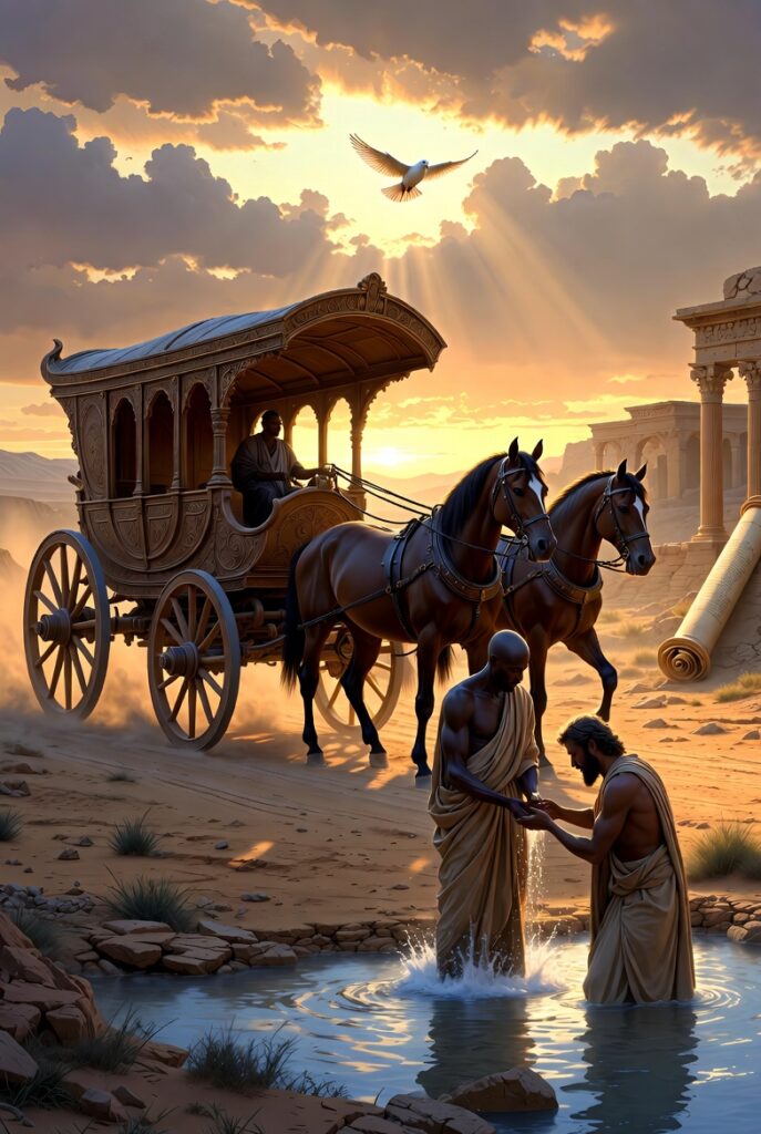 "Biblical scene in a golden desert sunset: An ornate ancient chariot with horses stands on a dusty road beside a river. An Ethiopian man in robes is being baptized in the water by another man, with a white dove flying above and dramatic sun rays breaking through clouds. In the background are ancient stone scrolls and temple ruins, evoking scripture references to eunuchs in the Bible."
