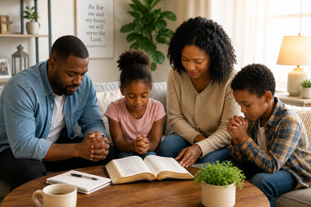 A family gathered around an open Bible in a cozy living room, holding hands in prayer and reflection. Warm natural light fills the space, creating a peaceful atmosphere that symbolizes faith, spiritual growth, family unity, and the application of biblical teachings in everyday life.