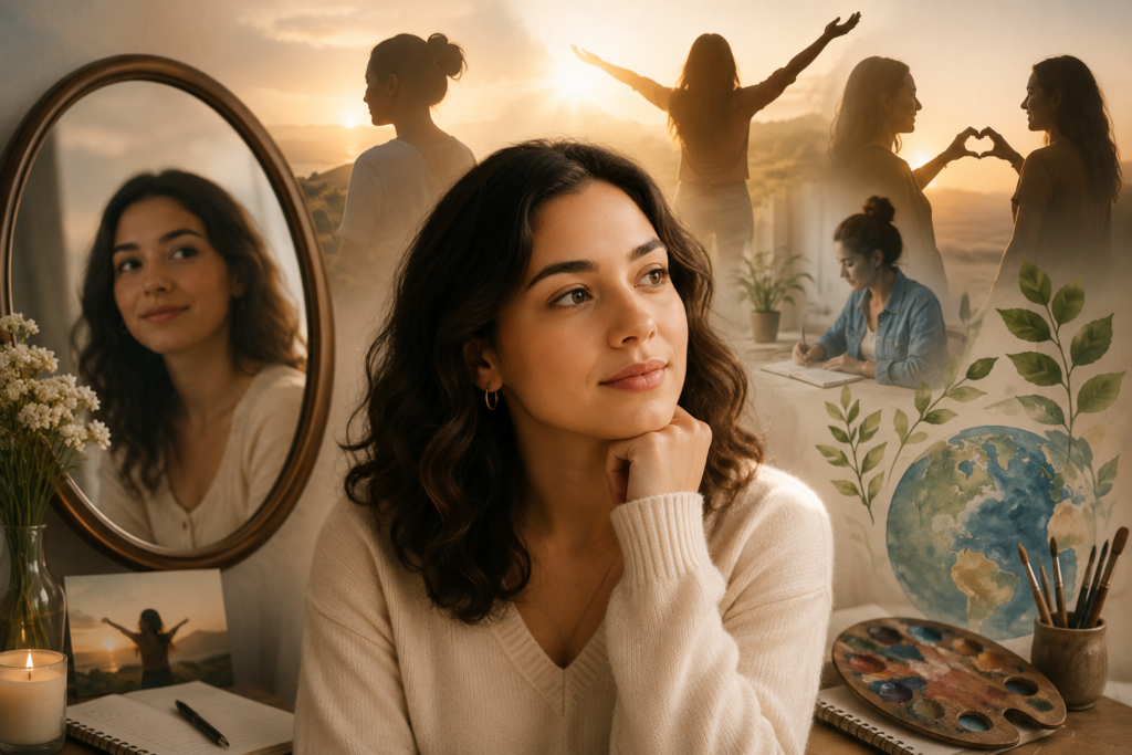 A thoughtful young woman sits in a warm, softly lit setting, gazing into the distance while surrounded by symbolic elements representing self-discovery and personal identity. Reflections in a mirror, peaceful outdoor scenes, creative tools, journaling, and nature-inspired imagery blend together to convey introspection, growth, confidence, and a deeper understanding of oneself.