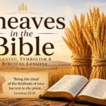 Sheaves in the Bible illustration featuring golden bundles of wheat tied together in a sunlit harvest field, an open Bible in the foreground, and a warm sunrise background symbolizing biblical harvest, faith, abundance, and God's provision.