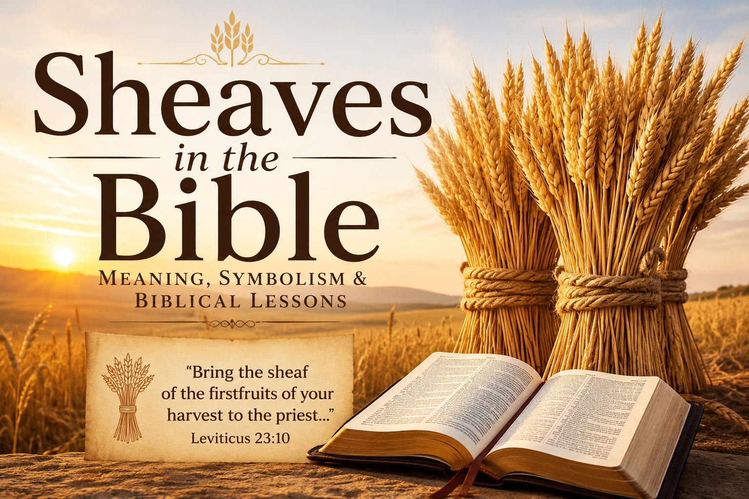 Sheaves in the Bible illustration featuring golden bundles of wheat tied together in a sunlit harvest field, an open Bible in the foreground, and a warm sunrise background symbolizing biblical harvest, faith, abundance, and God's provision.