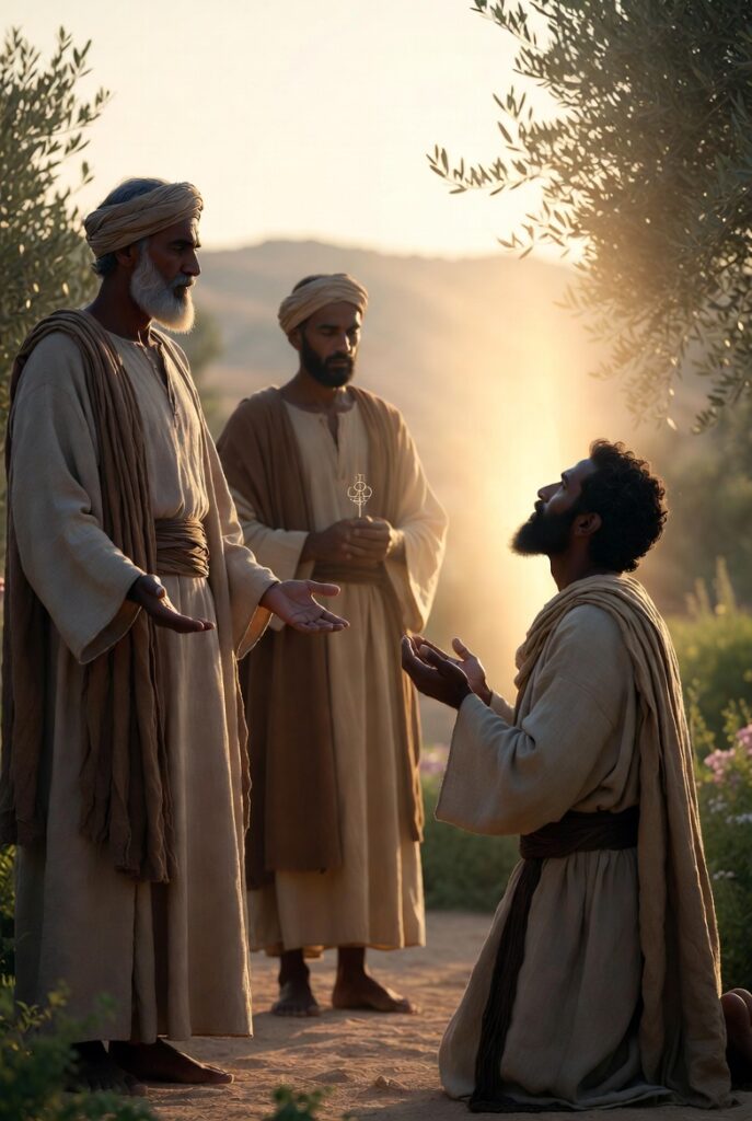 A serene realistic biblical illustration in warm golden light: Three men in ancient Middle Eastern robes stand in a peaceful garden with olive trees and hills. On the left, a calm older man with open hands represents those born as eunuchs. In the center, a composed man holds a small key-like symbol, representing those made eunuchs by others. On the right, a younger man kneels in prayer gazing upward toward heavenly light, symbolizing those who choose celibacy for the kingdom of heaven. No text present. Soft, inspirational atmosphere.