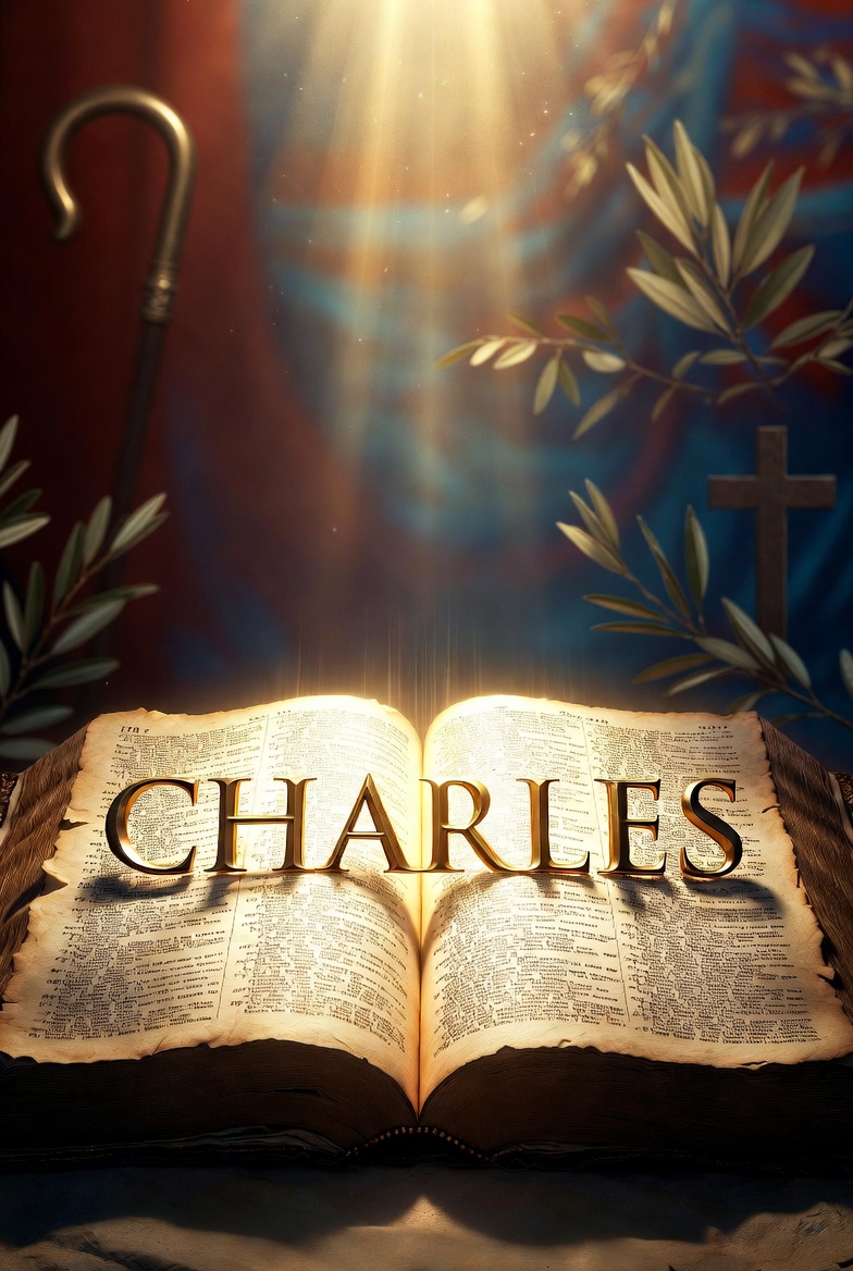 "An inspirational feature image showing an ancient open Bible illuminated by divine golden light rays from heaven. The name 'CHARLES' appears prominently in glowing golden letters across the pages. Surrounded by symbolic elements including a shepherd's staff, olive branches, and a cross, evoking biblical themes and the study of the name Charles in the Bible."