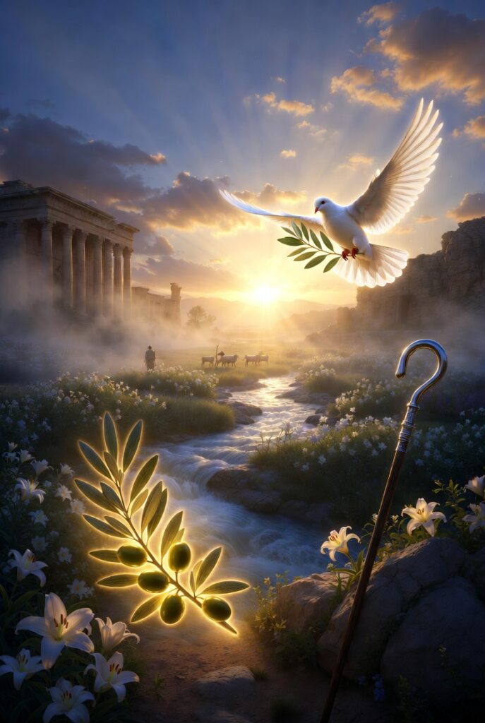 Symbolic biblical landscape at golden twilight featuring a white dove carrying an olive branch in flight, a glowing olive branch with fruit in the foreground, white lilies blooming along a flowing river, a shepherd’s staff, distant temple ruins, and a shepherd with sheep, evoking themes of peace, renewal, purity, and divine light. No text present.