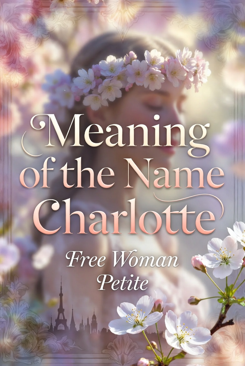 "Elegant feature image for the article 'Meaning of the Name Charlotte'. Soft pastel background with blooming cherry blossoms, a graceful woman wearing a flower crown, and delicate French-inspired elements. Prominent title text reads 'Meaning of the Name Charlotte' with the meaning 'Free Woman • Petite' below."