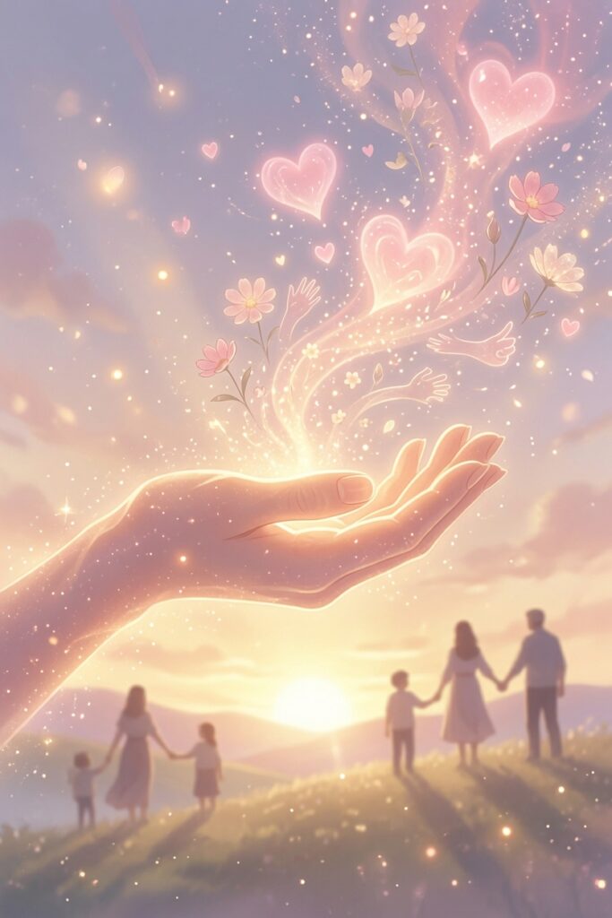 "A glowing open hand releasing streams of sparkling light, pink hearts, flowers, and helping hands into a dreamy sunset sky. In the background, a family holds hands on a hill at sunrise, symbolizing compassion and choosing kindness. Warm, ethereal, and uplifting atmosphere with soft magical particles."
