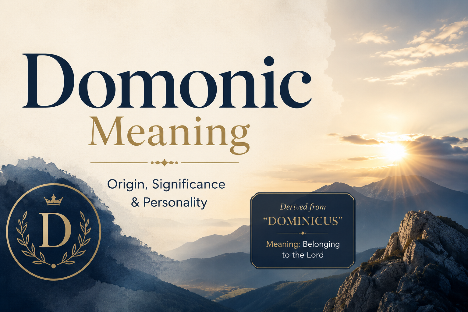 Domonic Meaning featured image showing the origin, significance, and personality of the name Domonic with a mountain sunrise background, elegant typography, and details about its meaning derived from "Dominicus" (belonging to the Lord).