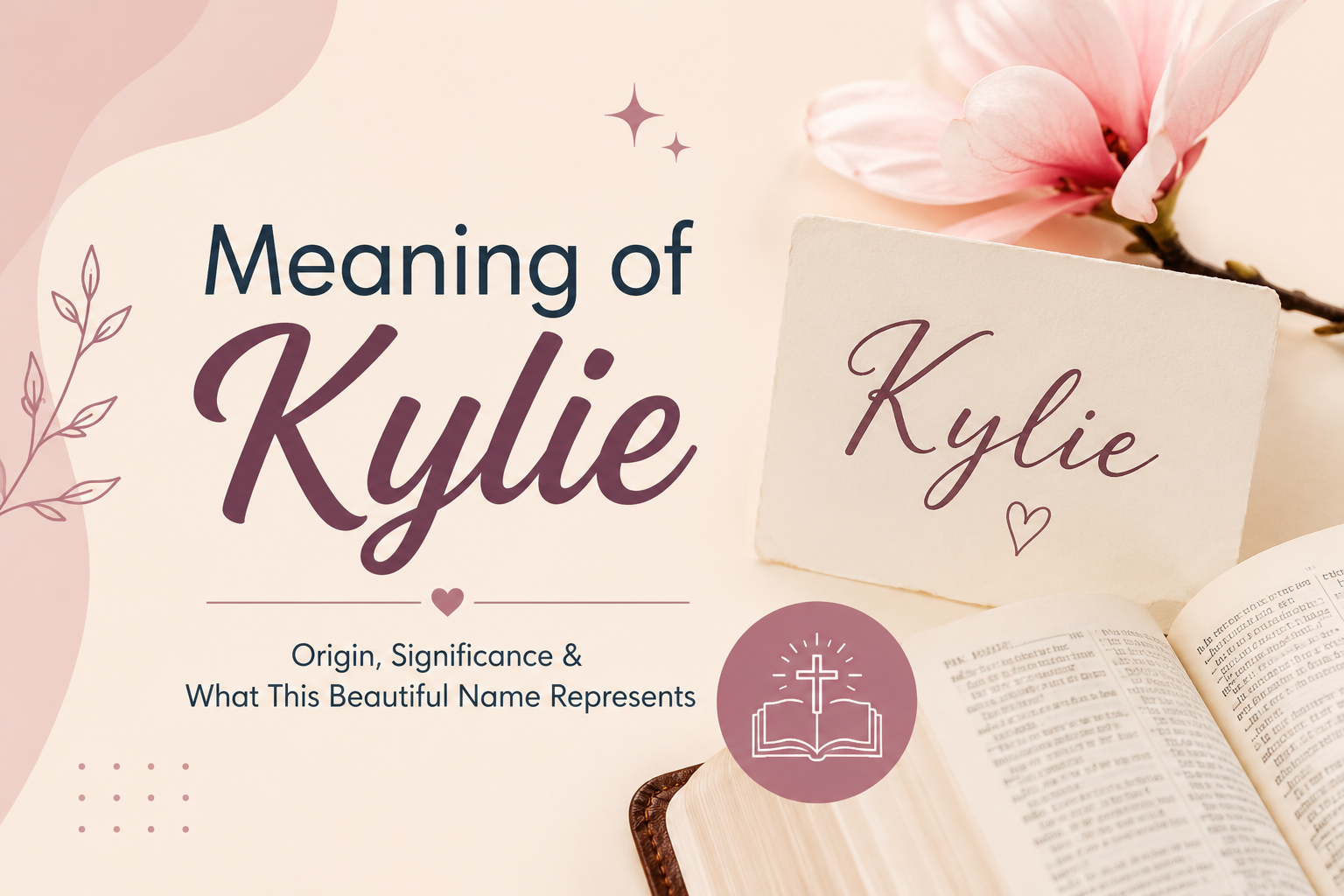 Meaning of Kylie feature image showing an open Bible, elegant floral elements, and the name Kylie in stylish typography representing the origin, significance, and biblical meaning of the name.