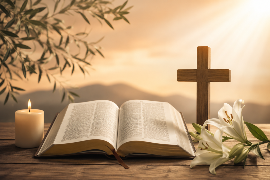 A warm and peaceful Christian-themed illustration featuring an open Bible on a rustic wooden table, illuminated by soft golden light. A wooden cross stands beside the Bible, accompanied by a glowing candle and elegant white lilies, creating a calm and faith-inspired atmosphere. The blurred sunrise background symbolizes hope, spiritual reflection, and biblical wisdom without any text or lettering.