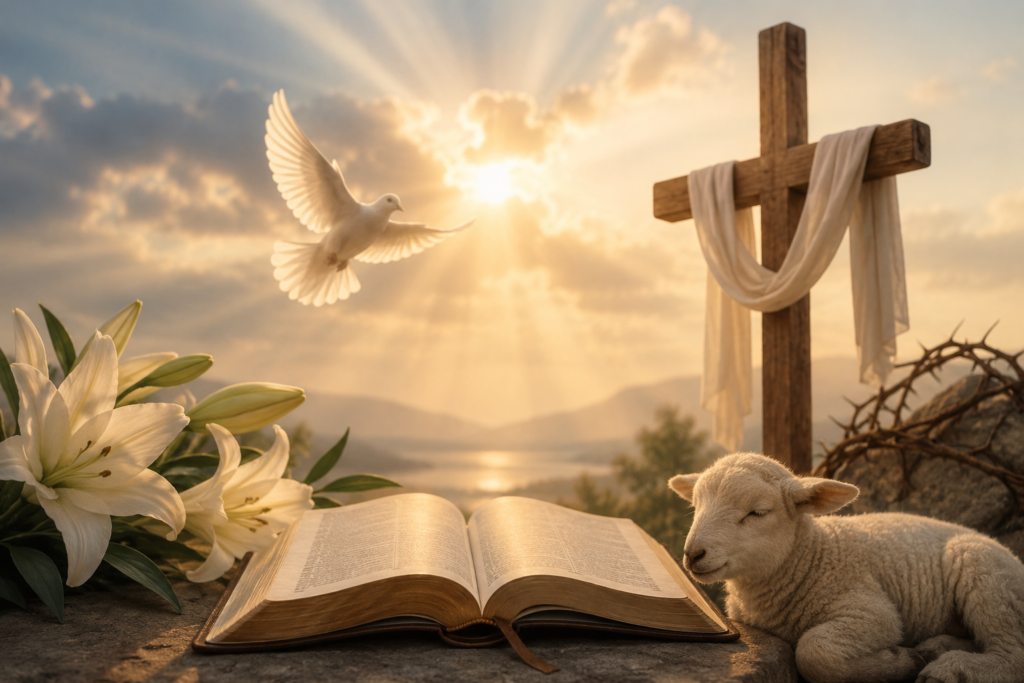 Biblical symbolism scene featuring an open Bible, wooden cross, white dove, lamb, lilies, and golden sunlight representing faith, peace, hope, and spiritual meaning.