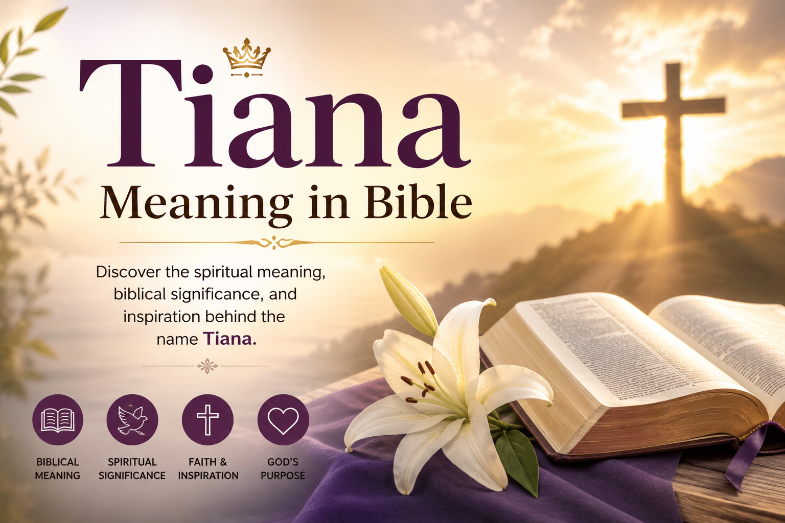 Tiana Meaning in Bible feature image showing an open Bible, a white lily, and a cross illuminated by a golden sunrise, symbolizing faith, spiritual meaning, hope, and biblical inspiration associated with the name Tiana.