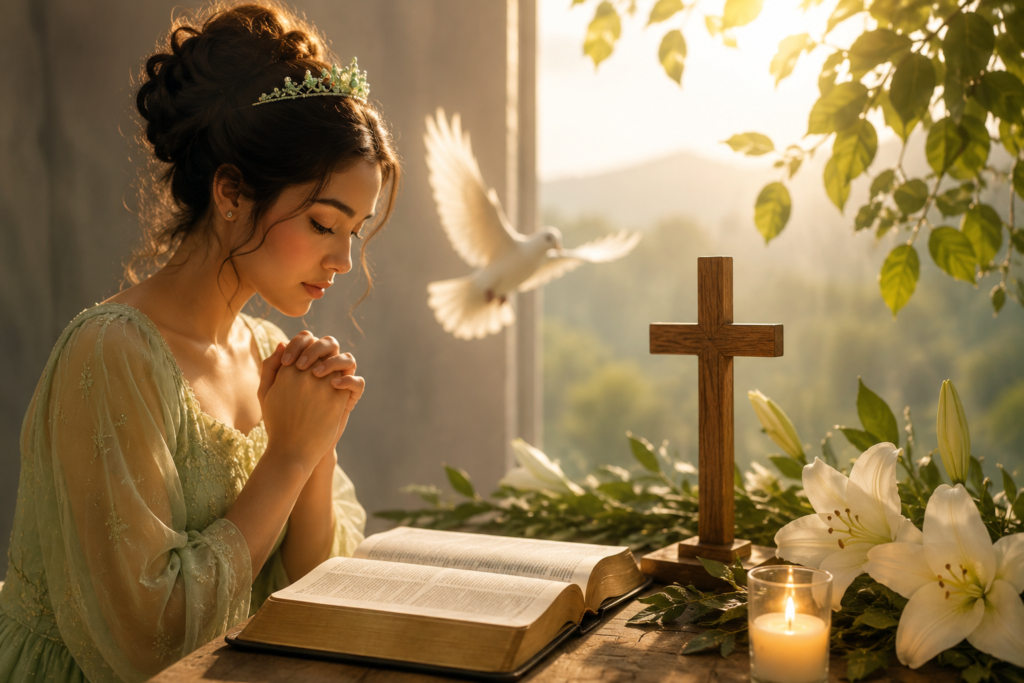 A young woman prays beside an open Bible in a peaceful, sunlit setting with a wooden cross, white lilies, a glowing candle, and a white dove, symbolizing faith, hope, and a biblical perspective on the name Tiana.