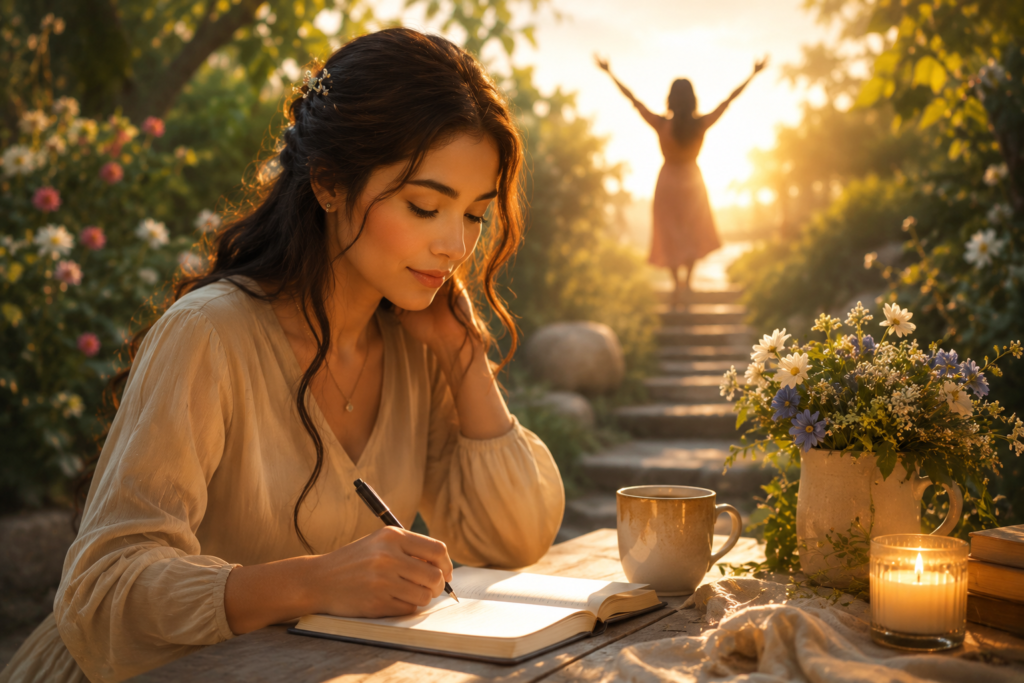 A young woman peacefully journals outdoors in a sunlit garden surrounded by flowers, a warm candle, and a coffee mug, symbolizing the everyday meaning of the name Tiana through calm, kindness, and personal growth.