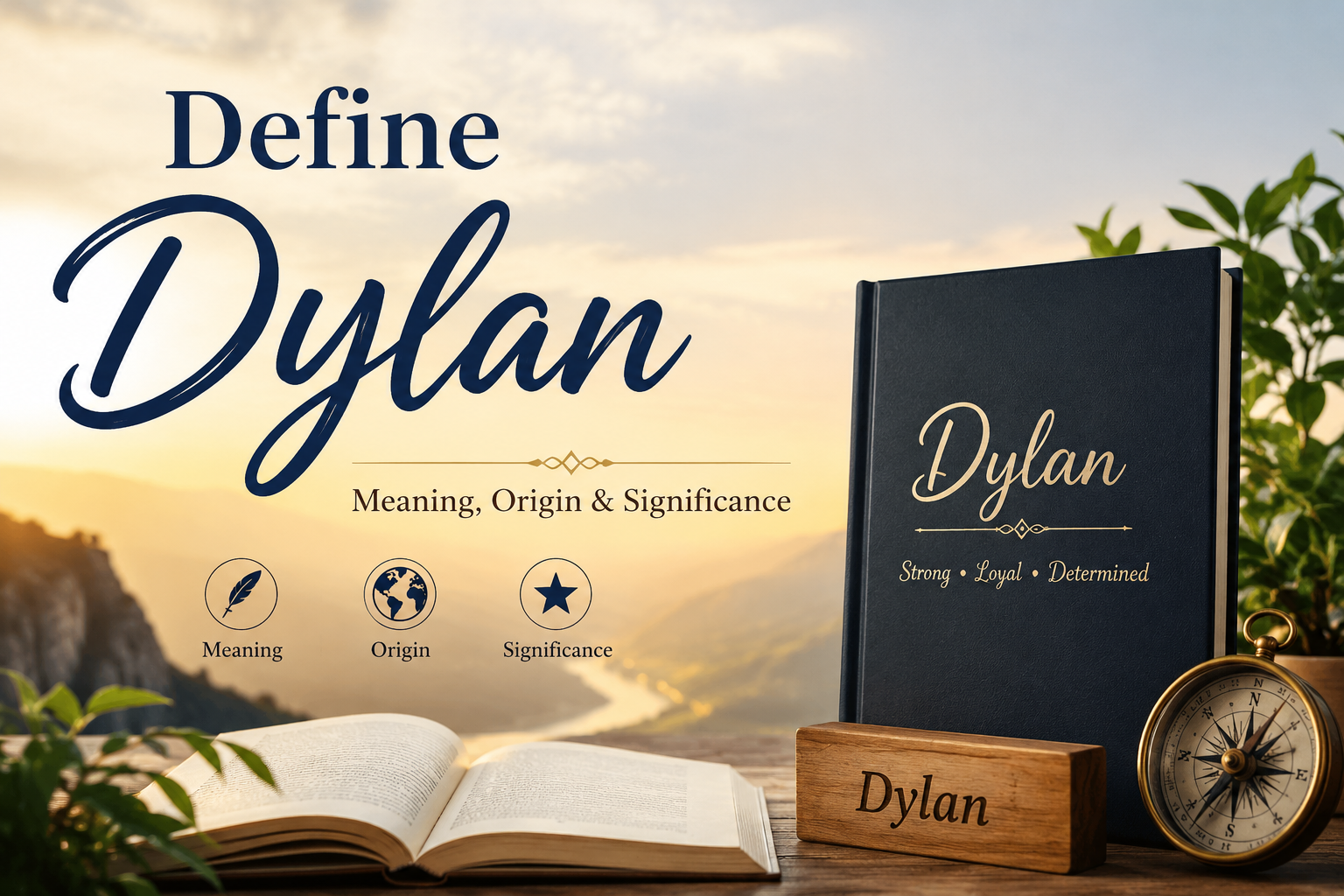 Feature image illustrating the meaning and origin of the name Dylan with an open book, a personalized name plaque, a decorative journal, and a compass against a warm sunrise landscape, symbolizing wisdom, identity, and purpose.