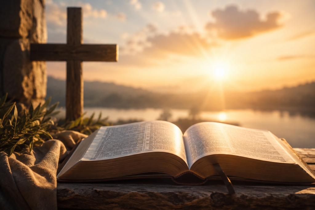 Open Bible beside a wooden cross at sunset, symbolizing faith, spirituality, and the biblical meaning of Dylan.