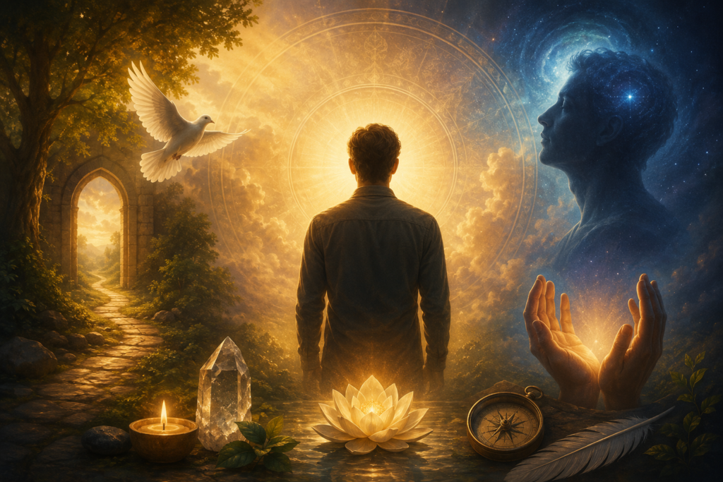 A mystical spiritual scene featuring a man standing before radiant golden light, surrounded by a white dove, glowing lotus, crystal, candle, compass, feather, celestial imagery, and a peaceful path leading through an ancient archway.