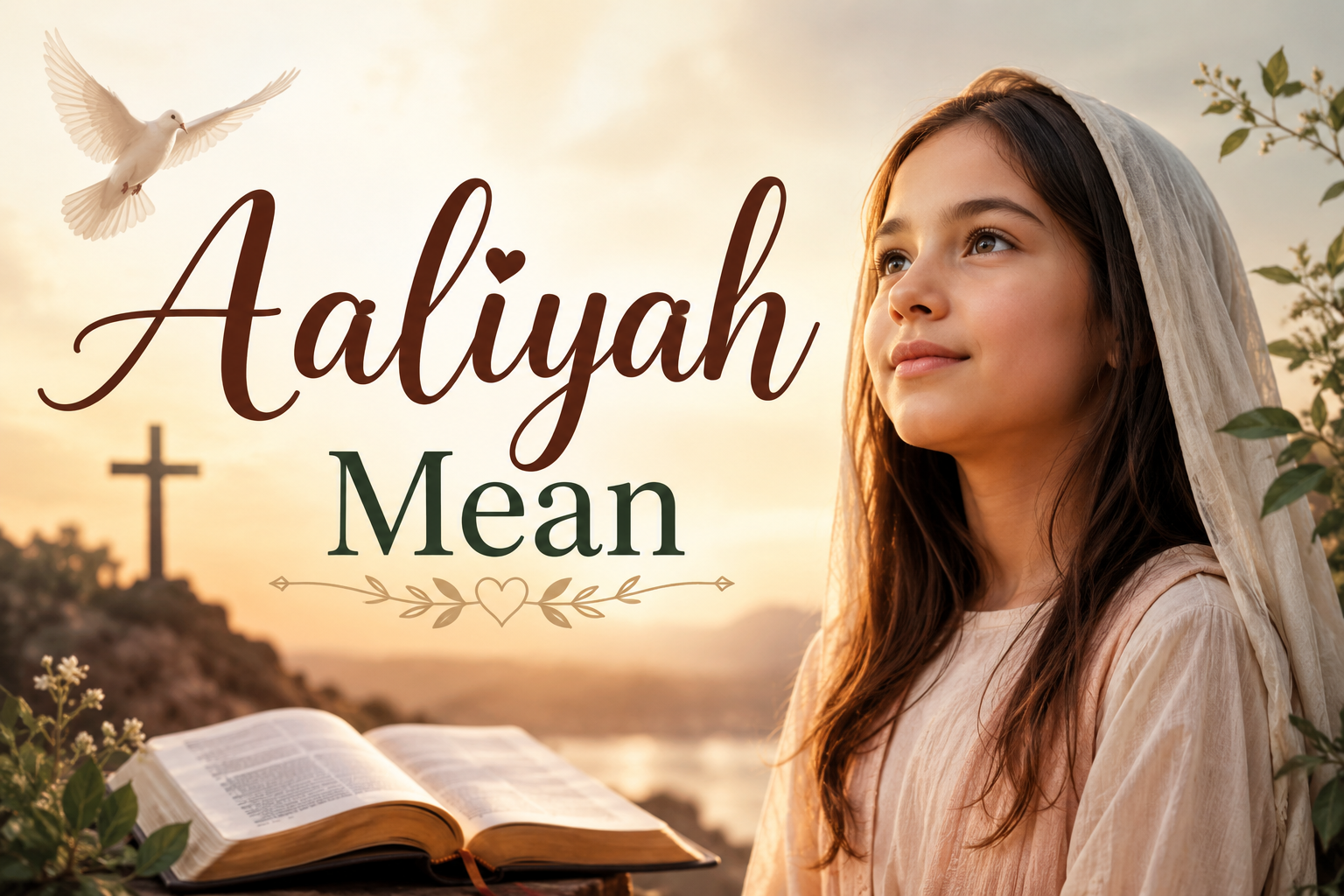 Aaliyah Mean feature image with a peaceful young girl, an open Bible, a Christian cross, and a white dove in a warm golden spiritual setting.