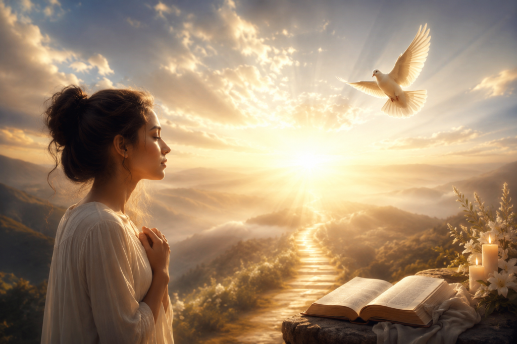A serene woman praying at sunrise beside an open Bible, with golden light, a peaceful mountain landscape, and a white dove symbolizing the spiritual meaning of the name Aaliyah.