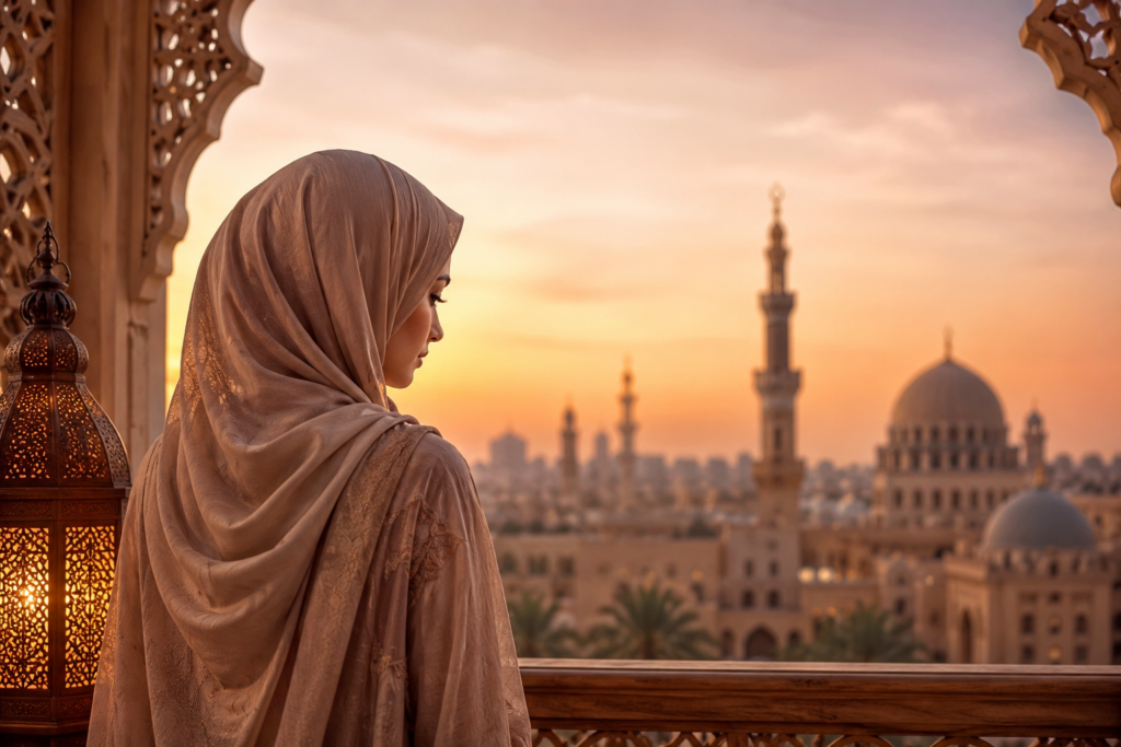 Serene Muslim woman in a beige hijab overlooking an Arabic cityscape with mosque domes and minarets at sunset.