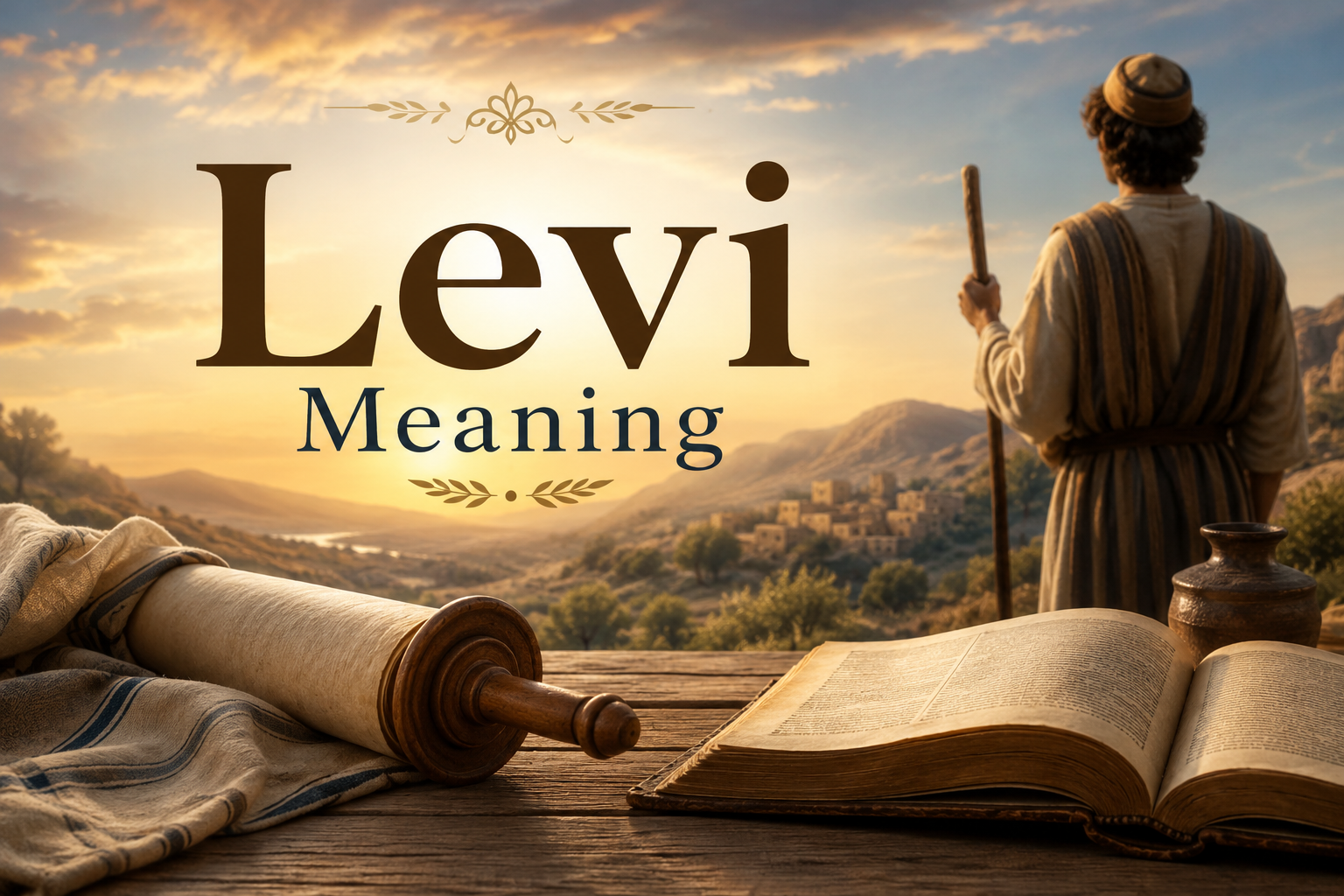 Levi Meaning feature image with an ancient biblical scroll, open Bible, and a robed figure overlooking a peaceful mountain valley at sunset.