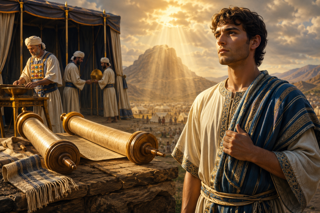 Biblical scene representing the meaning of Levi beyond the name, featuring Levite priests, sacred scrolls, the Tabernacle, and golden light over ancient Israel.