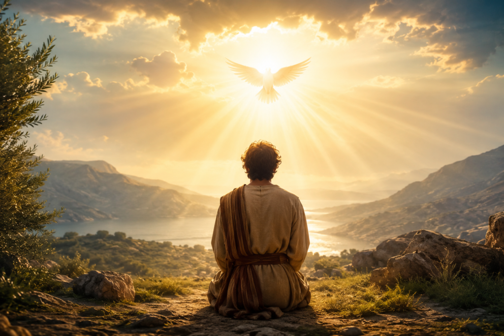 Spiritual meaning of Levi depicted by a biblical figure kneeling in prayer beneath a radiant dove and golden heavenly light over a peaceful valley.
