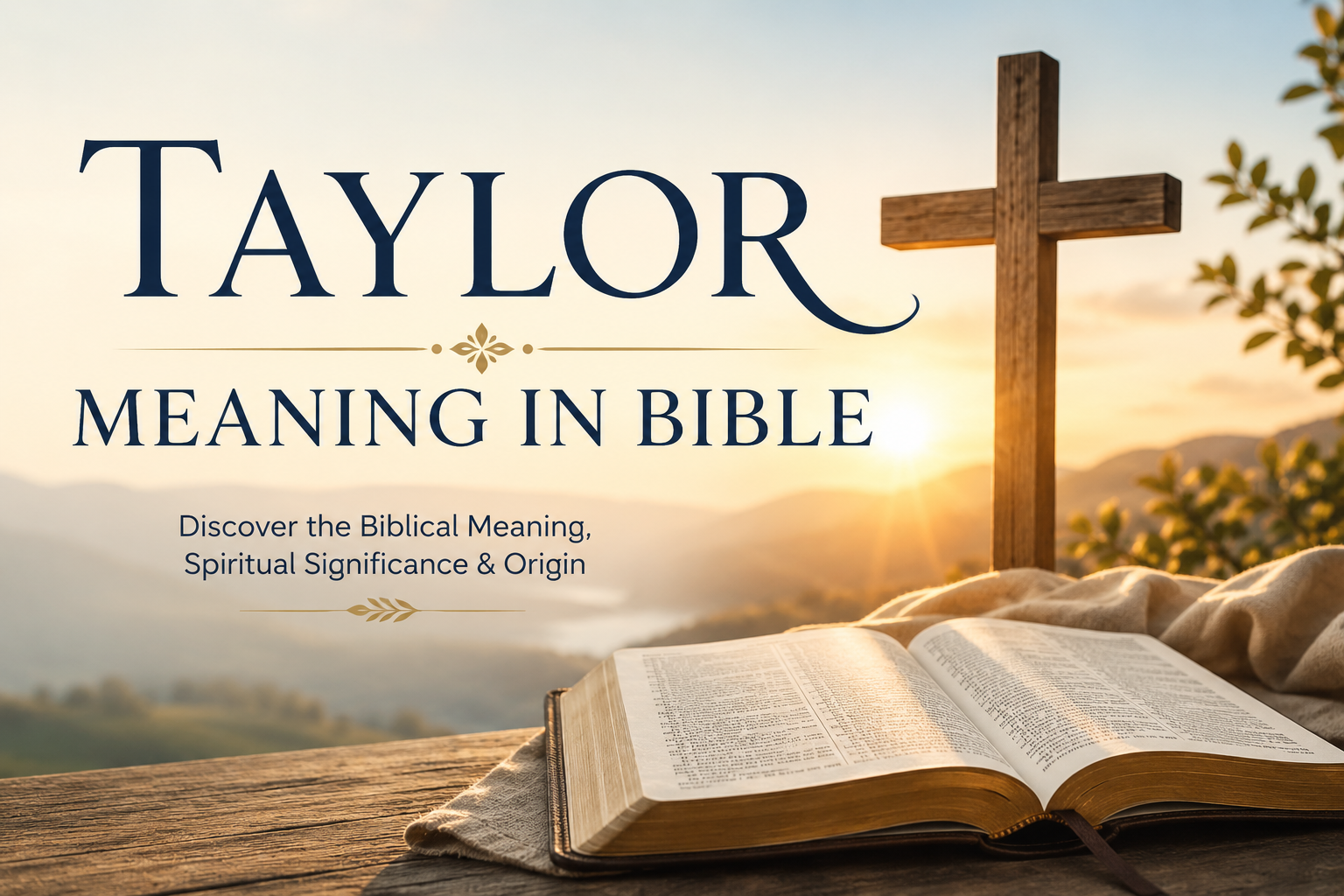 Taylor Meaning in Bible – biblical meaning, spiritual significance, and origin of the name Taylor, featuring an open Bible and wooden cross.