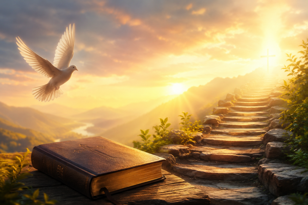 Spiritual landscape with an open Bible, white dove, glowing sunrise, and a pathway leading toward a cross, symbolizing the spiritual meaning of the name Taylor.