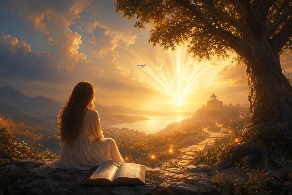 Spiritual scene of a woman reading the Bible beneath a large tree, overlooking a glowing path, mountains, and radiant golden sunlight symbolizing the deeper spiritual message behind Taylor.
