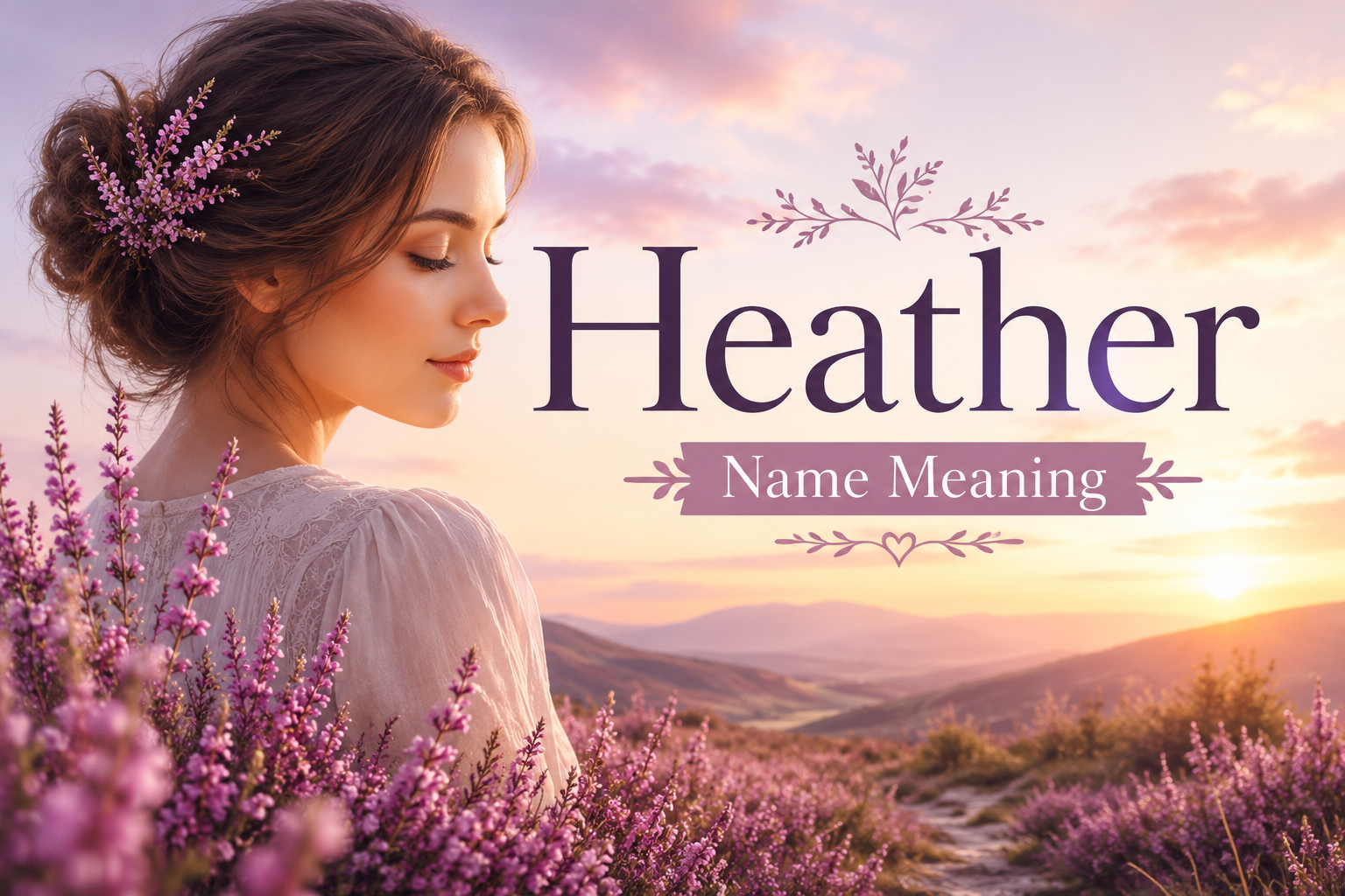 Heather Name Meaning feature image featuring a woman surrounded by blooming purple heather flowers in a peaceful sunset mountain landscape.