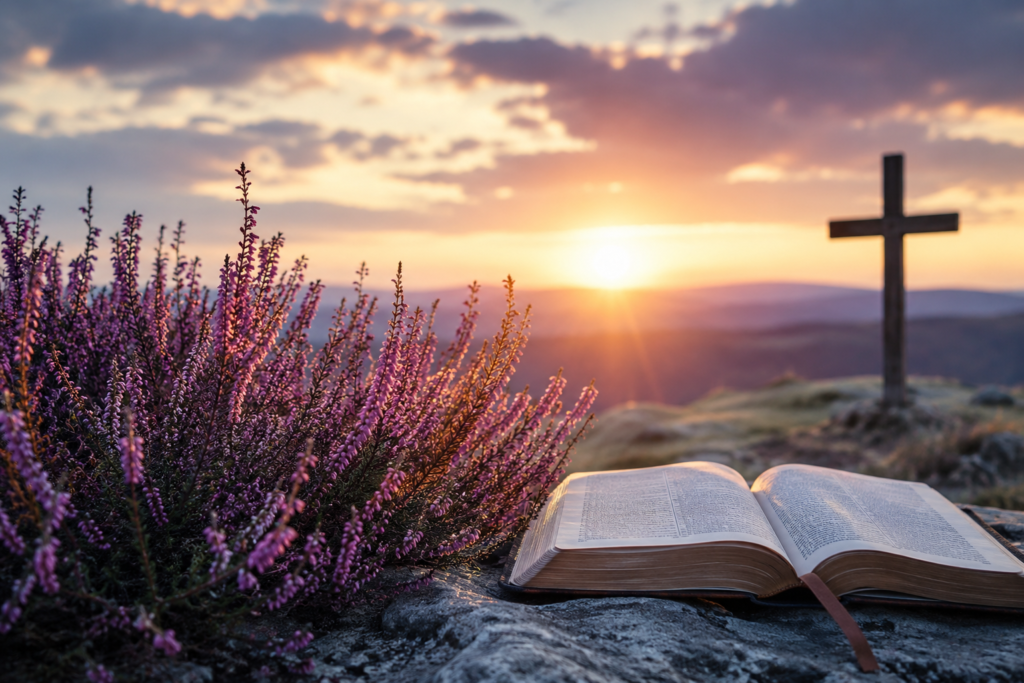 Heather flowers beside an open Bible and wooden cross at sunset, symbolizing the biblical meaning and spiritual symbolism of the name Heather.
