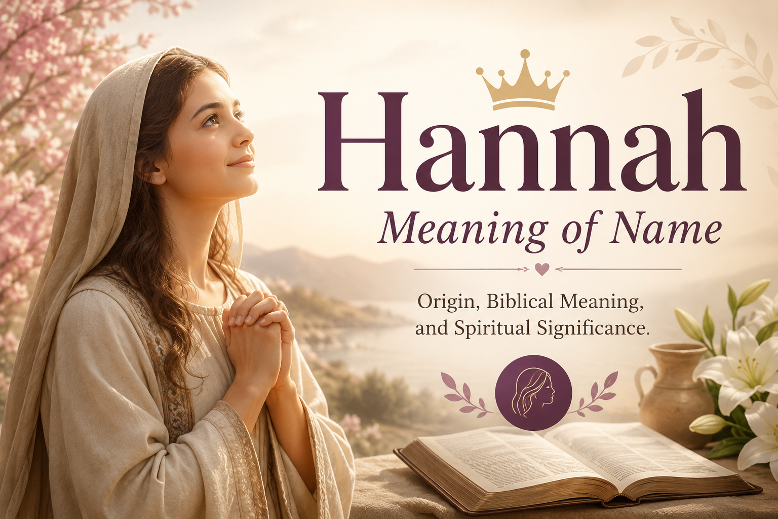 Feature image for "Hannah Meaning of Name" showing a young woman in biblical-style clothing praying beside an open Bible, surrounded by soft flowers and warm sunlight, symbolizing grace, faith, and the biblical meaning of the name Hannah.