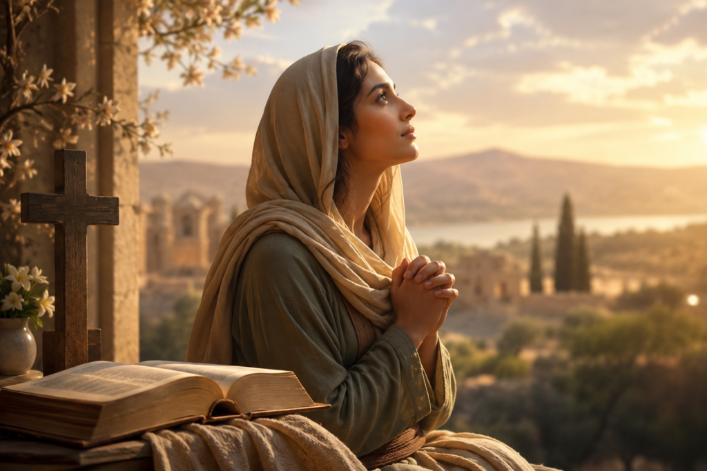 A serene biblical-inspired illustration of Hannah praying in golden sunlight, with an open Bible, wooden cross, and ancient landscape in the background, symbolizing faith, hope, and the biblical meaning of the name Hannah.