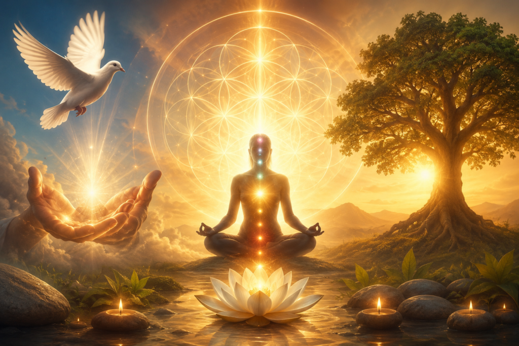 A serene spiritual landscape featuring a glowing figure meditating in the center, surrounded by radiant golden light, sacred geometric patterns, a white dove in flight, a majestic tree, a blooming lotus flower, and softly lit candles. The peaceful sunrise scene symbolizes faith, inner peace, divine guidance, and spiritual awakening.