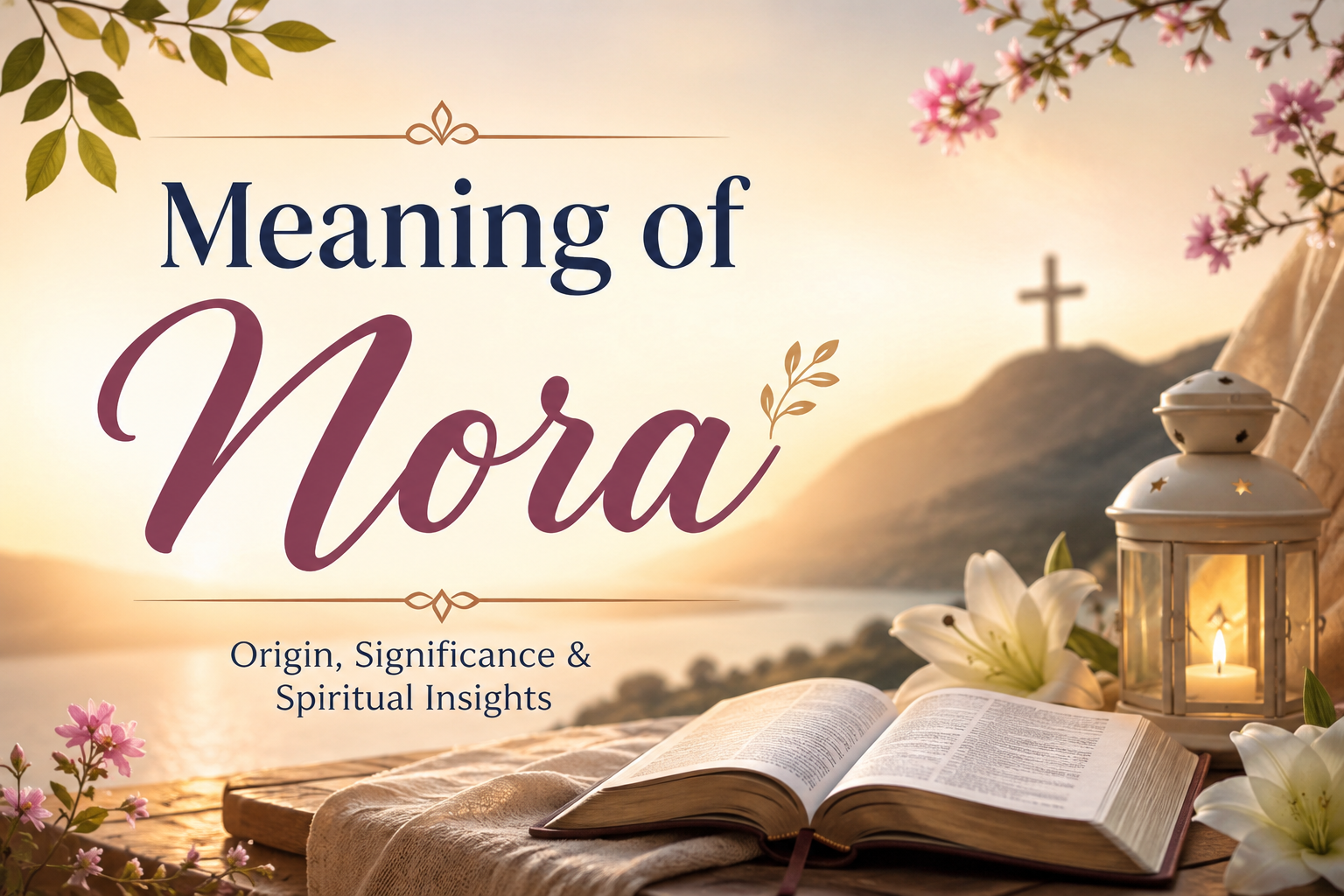 A serene feature image representing the meaning of Nora, with an open Bible on a wooden table, white lilies, a glowing lantern, a sunrise over mountains, and a distant cross, symbolizing faith, hope, purity, and spiritual significance.