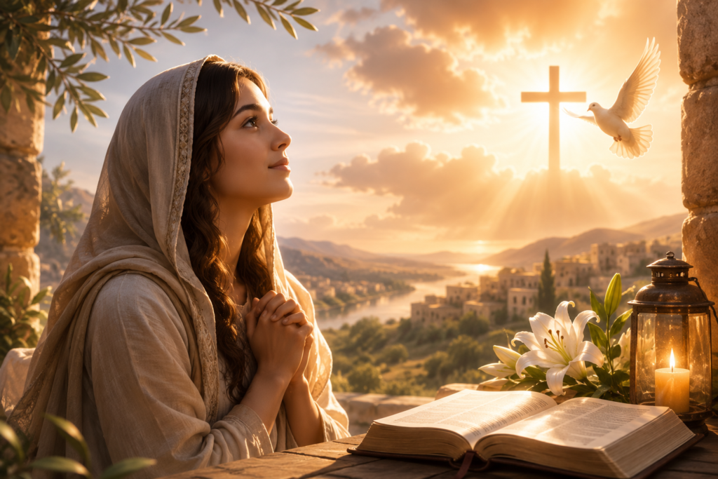 A serene biblical-inspired scene featuring a young woman praying beside an open Bible, white lilies, and a glowing candle as a radiant cross and dove appear in the golden sunrise, symbolizing the biblical meaning of Norah with themes of faith, light, and hope.