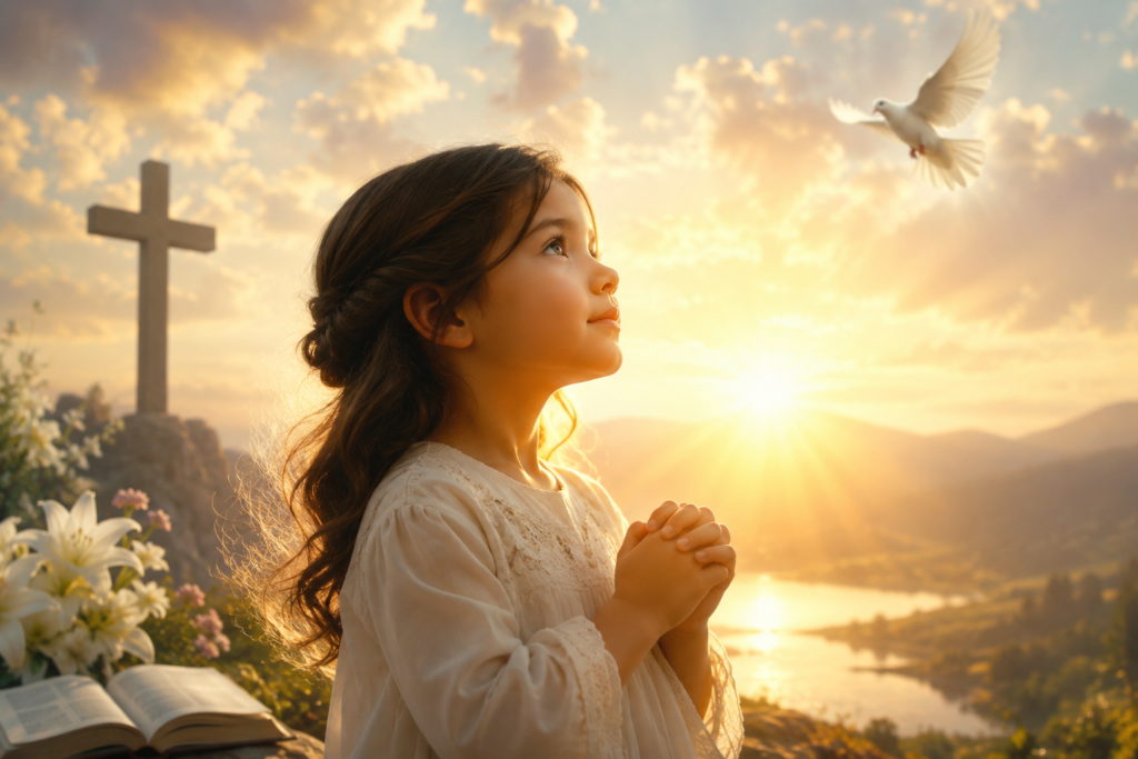 A young girl praying at sunrise in a peaceful landscape with a glowing cross, white dove, open Bible, lilies, and warm golden light, symbolizing the spiritual meaning of the name Nora through faith, hope, and divine guidance.