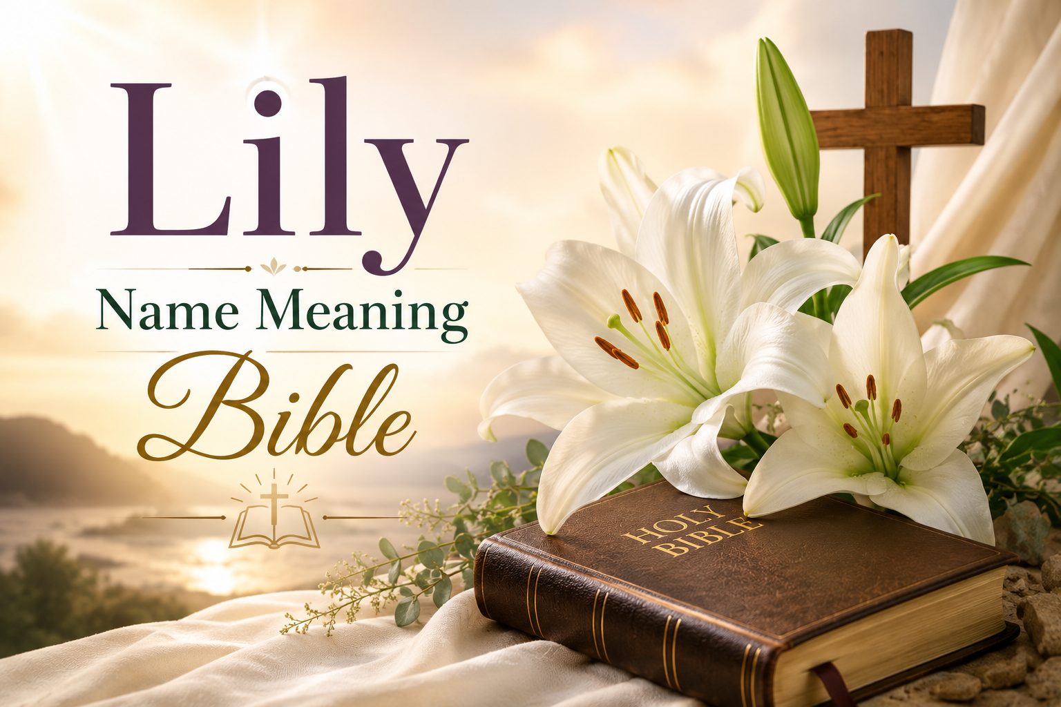 White lilies resting beside an open Holy Bible with a wooden cross in the background, symbolizing the biblical meaning, purity, faith, hope, and spiritual significance of the name Lily.