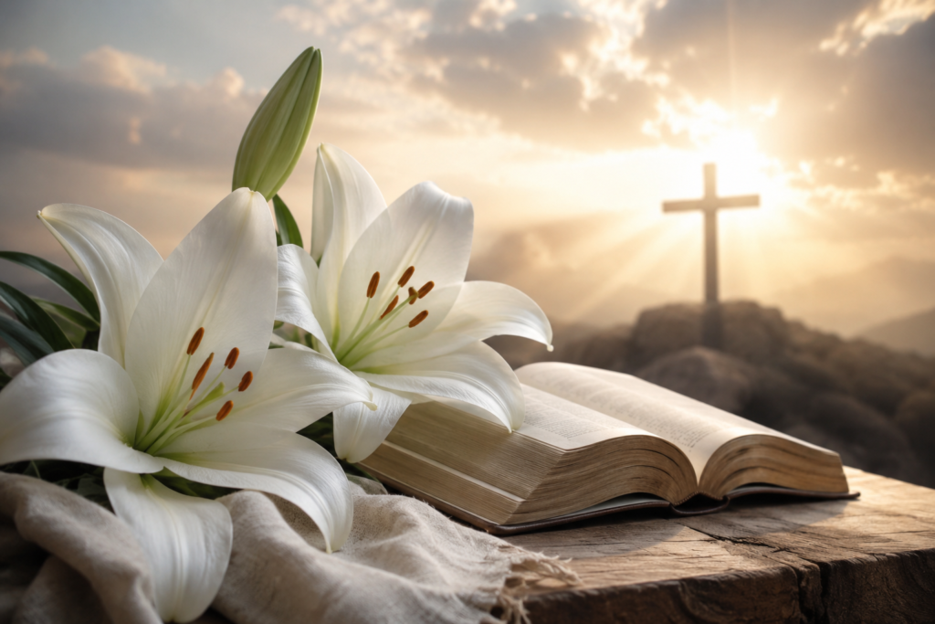 White lilies resting beside an open Bible with a glowing cross in the background, symbolizing purity, faith, hope, resurrection, and God's divine presence.