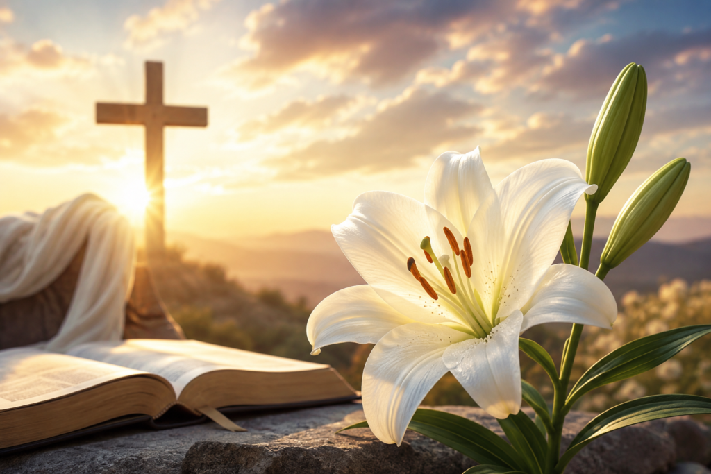 A white lily blooming beside an open Bible with a cross glowing in the sunrise, symbolizing enduring Christian faith, hope, purity, and spiritual inspiration.